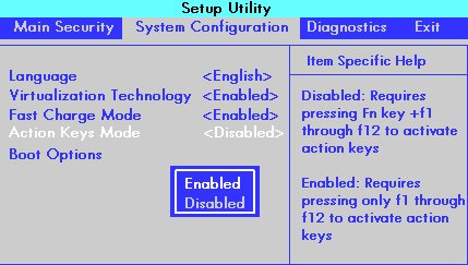 BIOS setup window with the System Configuration option and Action Keys Mode selected